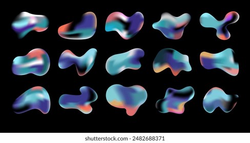 Liquid blobs on dark transparent background. Iridescent chrome drops or hologram irregular freeform organic shapes. Metallic gradient deform stains, fluid abstract forms or blotches.