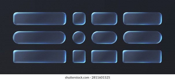Liquid blue glass shape with neon glow on dark background. Futuristic transparent glossy ux ui element.