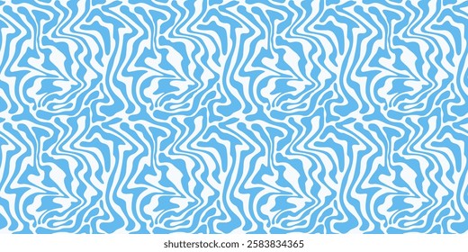 Liquid blue lines summer retro seamless pattern. Twisted and distorted groovy hippie background. Abstract water waves banner. Vintage illustration in trendy psychedelic style.
