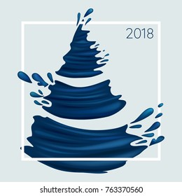 Liquid Blue Splashes and Acrylic Brushstroke Christmas Tree. 2018 Greeting Card or Banner Design. Vector Illustration