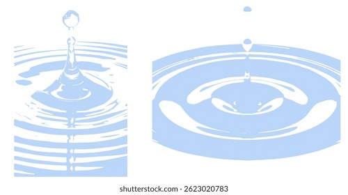 Liquid Blue Water Ripple Impact: Two Visualizations of Droplet Impacting a Calm Water Surface, Generating Circular Waves and Splashes in a Minimalist Graphic Design