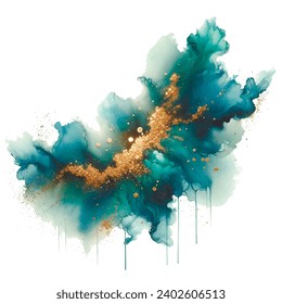 Liquid blue watercolor splash blot splatter stain with wet effect gold glitter. Watercolor brush strokes. Beautiful modern hand drawn vector illustration. Isolated colorful design on white background.