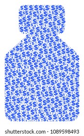 Liquid bottle collage of dollars and spheric spots. Vector banking icons are grouped into liquid bottle mosaic.