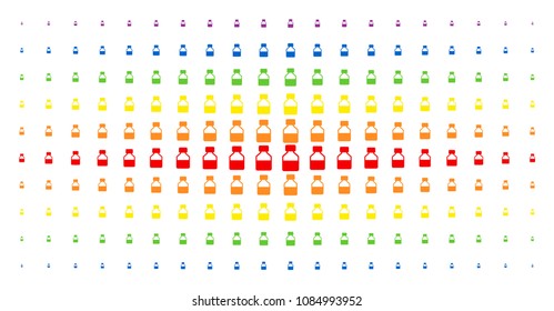 Liquid bottle icon rainbow colored halftone pattern. Vector liquid bottle shapes are arranged into halftone array with vertical spectral gradient. Constructed for backgrounds, covers,