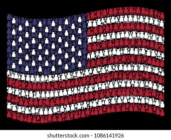 Liquid bottle icons are combined into waving American flag stylization on a dark background. Vector collage of America state flag is constructed with liquid bottle items.