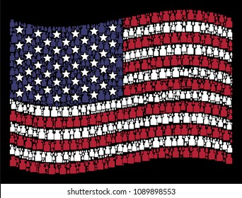 Liquid bottle icons are composed into waving USA flag mosaic on a dark background. Vector composition of America state flag is constructed from liquid bottle items.