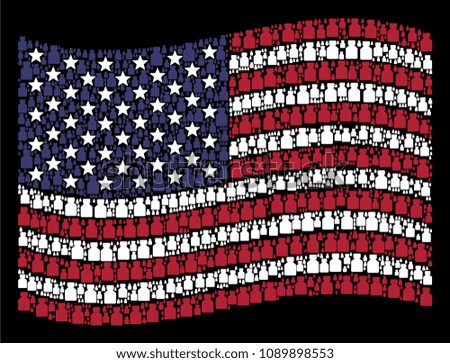 Liquid bottle icons are composed into waving USA flag mosaic on a dark background. Vector composition of America state flag is constructed from liquid bottle items.