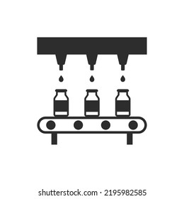 Líquido a la correa de producción de botellas, icono vector. Símbolo blanco y negro monocromo