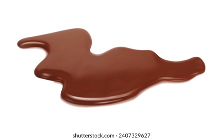 Liquid brow chocolate puddle, choco milk spill. Vector 3d splash, splatter, stain and drop of dark cocoa drink, melted cream or hot chocolate dessert with realistic creamy texture and smooth surface