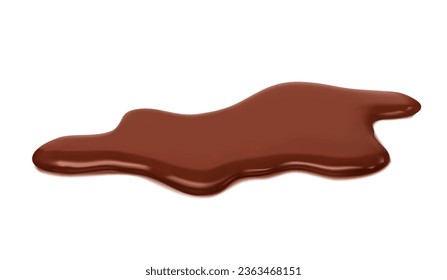 Liquid brown chocolate puddle, choco milk spill. Isolated realistic 3d vector tempting and decadent brown blot and drip with glossy surface. Rich and indulgent luscious blot, and mesmerizing drip