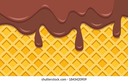 Liquid brown cream or chocolate drips over the waffle. Background with copy space. Packaging design, banner. Stock vector illustration.