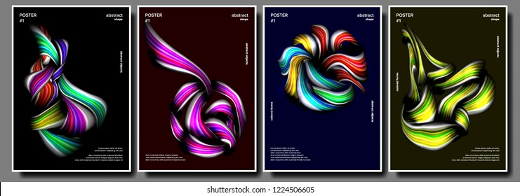Liquid, Brush Poster Set Vector. Multicolored Object. Drop, Oil. Surreal Graphic. Vibrant Gradients Shape. Illustration
