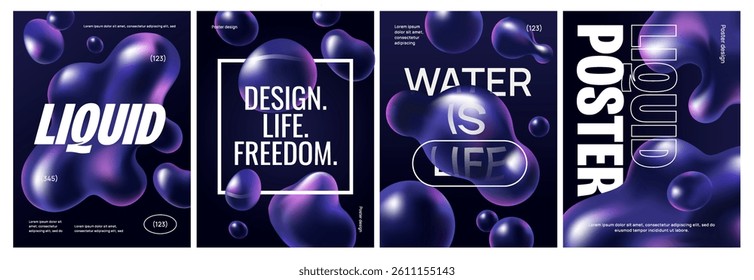 Liquid Bubble Poster Set. Futuristic covers with abstract aqua shapes, hologram water drops and flying soap bubbles. Design Elements for Print. 3D vector illustration collection isolated on background