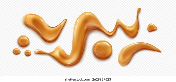 Respingo de caramelo líquido isolado em fundo transparente. Ilustração realista vetorial de xarope de toffee marrom claro, molho de manteiga de amendoim, mel, gotas e manchas de fudge laranja, top de sobremesa doce