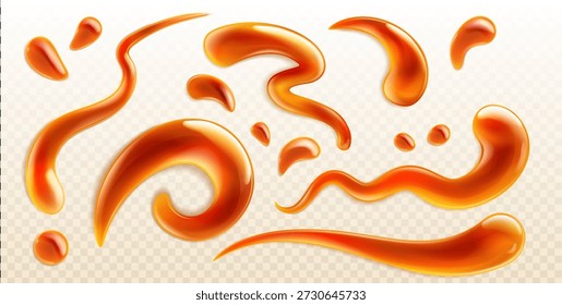 Conjunto de salpicaduras de caramelo líquido aislado sobre fondo transparente. Vector ilustración realista de gotas de jarabe de toffee dulce, gotas y manchas de salsa de arce pegajoso, miel o cobertura de maní para el postre