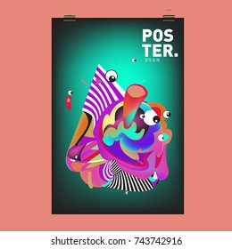 Abstract Colorful Liquid Cartoon Character Cover and Poster Design Template. 3d Gradient Line Shape and Pattern Layout Design Template.