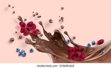 Liquid chocolate with berries. Vector illustration of a splash of liquid chocolate with raspberries and blueberries. Sketch for creativity.