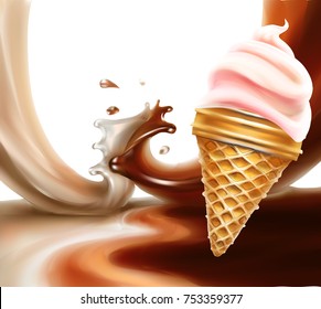 liquid chocolate, caramel or cocoa illustration vector ice cream cone 3d illustratio