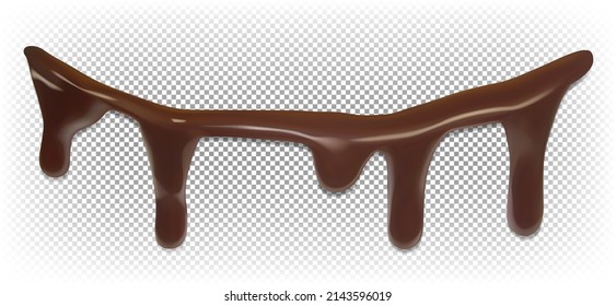 Liquid chocolate dripping down the edge. Sweet ganache, sauce, icing. Vector 3d realistic image isolated on a white transparent background.