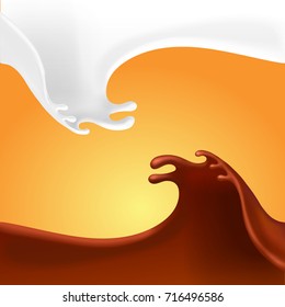 Liquid chocolate and milk flow on orange background, 3d illustration