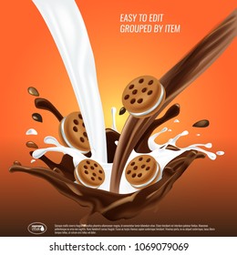 Liquid chocolate and milk flow and spash mixed, sandwich cookies, 3d vector illustration.