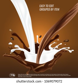 Liquid chocolate and milk flow and spash mixed, 3d vector illustration.