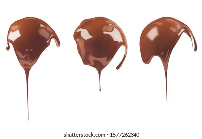 Liquid chocolate on the shape of a ball. Ganache, icing, frosting, sauce flowing down the surface of the ball. Vector 3d realistic illustration isolated on white background.