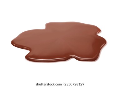 Liquid chocolate puddle, brown choco milk spill. Isolated realistic 3d vector blot or drip. Rich and luscious dessert indulgence. Smooth and glossy blob, with smooth velvet melting texture