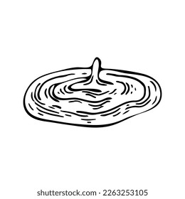 Liquid chocolate sketch. Flowing sweet dessert. Production of confectionery food. Delicious drop topping. Melted product from cocoa beans. Hand drawn vector line art illustration.