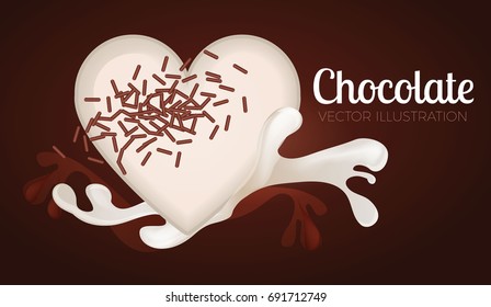 Liquid Chocolate Splash with Candy Heart. Sweet Background.  Vector illustration