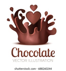 Liquid Chocolate Splash with Candy Hearts. Sweet Background.  Vector illustration