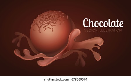 Liquid Chocolate Splash with Candy. Sweet Background.  Vector illustration