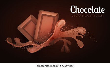 Liquid Chocolate Splash with Candy. Sweet Background.  Vector illustration