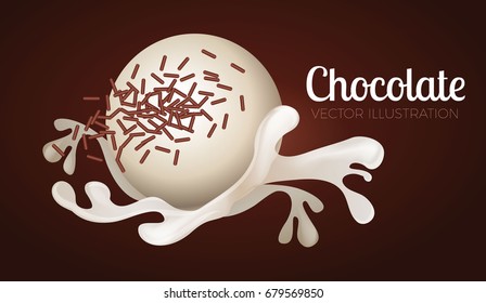 Liquid Chocolate Splash with Candy. Sweet Background.  Vector illustration