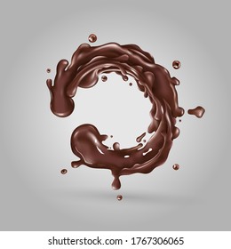 Liquid chocolate splash circle on a gray background