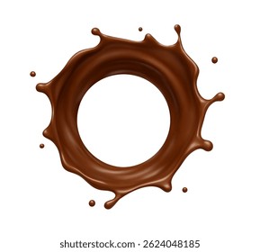 Liquid chocolate splash. Splash melted chocolate. Realistic choco swirl with liquid drops. Vector illustration