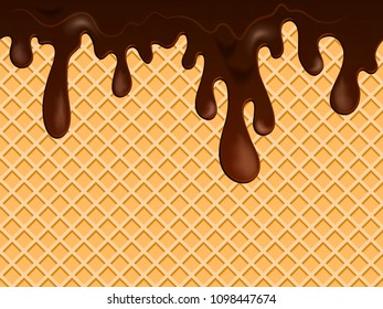 Liquid chocolate splashes on waffles vector background. Fluid dark chocolate on cookie waffles tasty delicious snack, sweet dessert illustration.