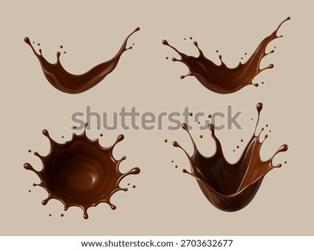 Liquid chocolate splashes. Realistic choco splashes. Vector illustration