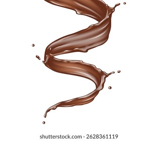Vloeibare chocolade wervelen in dynamische beweging met realistische textuur en rijke bruine kleur op een schone witte achtergrond. Ideaal voor het eten en dessert concepten.