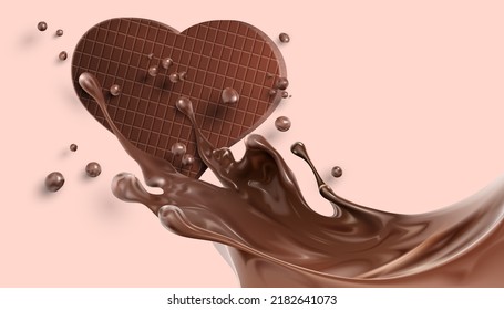 Liquid chocolate. Vector illustration of a splash of liquid chocolate on a bar of milk chocolate. Sketch for creativity.