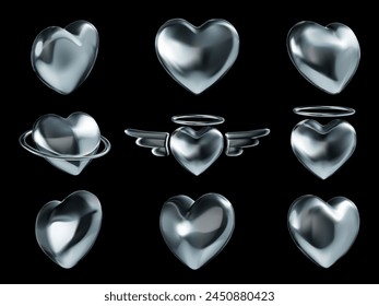 Iconos de corazón de cromo líquido. Símbolo de amor metálico brillante, corazones retro Y2K y romántico futurista forma 3D conjunto de Vector de elemento de cromo futurista ilustración de elemento de cromo abstracto futurista