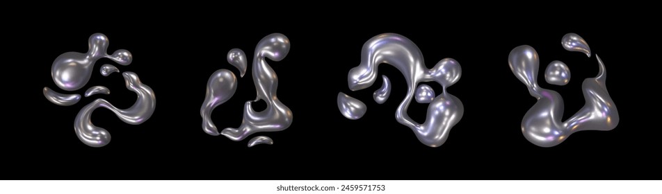 Liquid chrome metal splashes set isolated on black background. Vector realistic illustration of silver substance texture with glossy iridescent surface, abstract mercury drops, toxic fluid stains