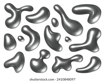 Liquid of chrome texture, isolated metal droplets of shapeless form. Vector realistic glossy bubbles or blots, platinum fluid with reflective surface. Splash and dripping volumetric flux