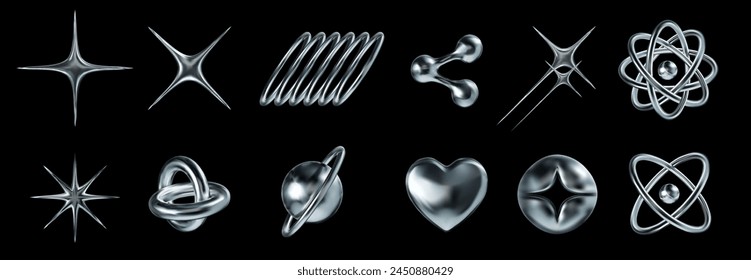 Liquid chrome y2k icons. Abstract shiny metallic shapes star rays, atomic orbit and molecular structures 3D elements vector set of chrome liquid shape element illustration of liquid shape design