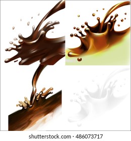 liquid cocoa, chocolate, splashing, pouring, isolated vector