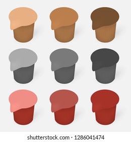 Liquid coffee creamer single colored package, vector template. Blank portioned plastic container with lidding film top, mockup set.