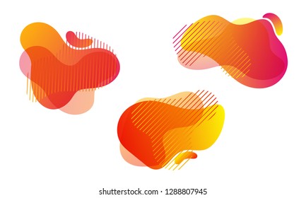Liquid color abstract fluid shapes with halftone stripe pattern background. Vector abstract liquid color gradient splash overlap design in yellow orange red.