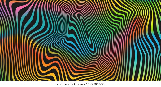 Liquid color blend and black stripes pattern vector background. Abstract Holographic iridescent fluid colors blend background