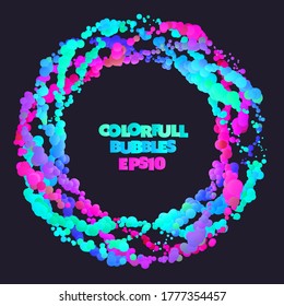 Liquid color bubbles sphere frame design. Dark abstract background.