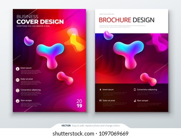 Flüssiges Farbabdeckungsset. Flüssigformzusammensetzung. Design der Broschüre. Unternehmensvorlage für Broschüre, Bericht, Katalog, Zeitschrift, Buch, Broschüre. Futuristische Plakate. EPS10-Vektor.